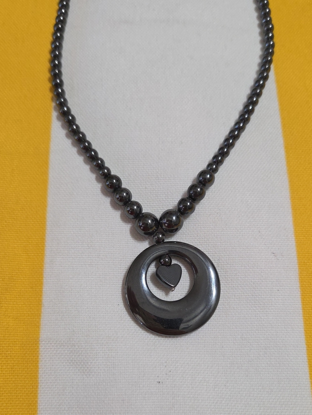 Gunmetal Hematite Heart Donut Pendant Necklace - Sleek Beaded Style